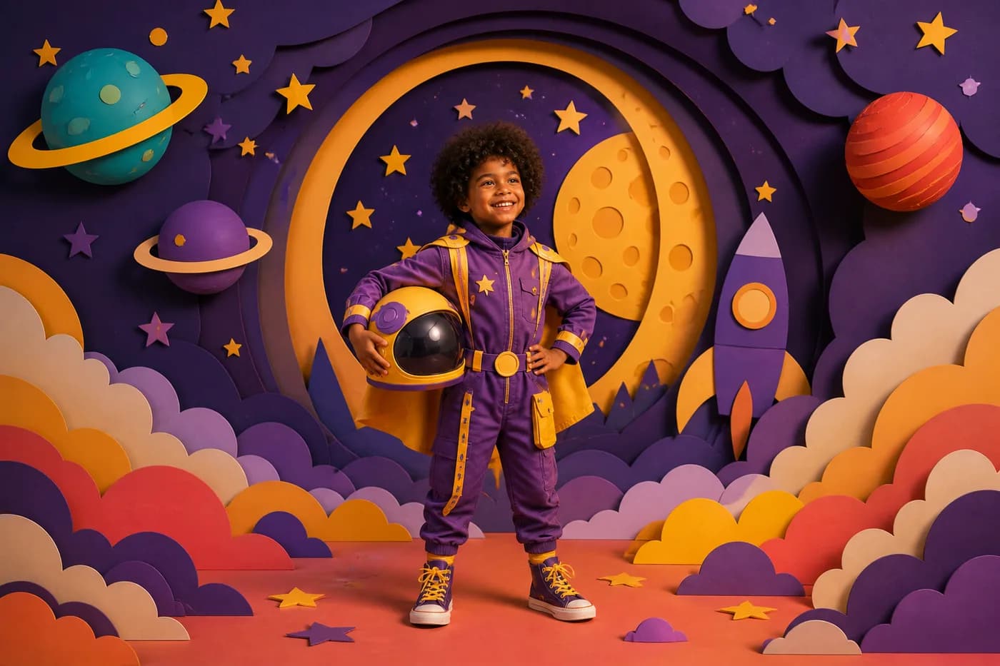 Menino como protagonista de uma festa com tema de exploração espacial